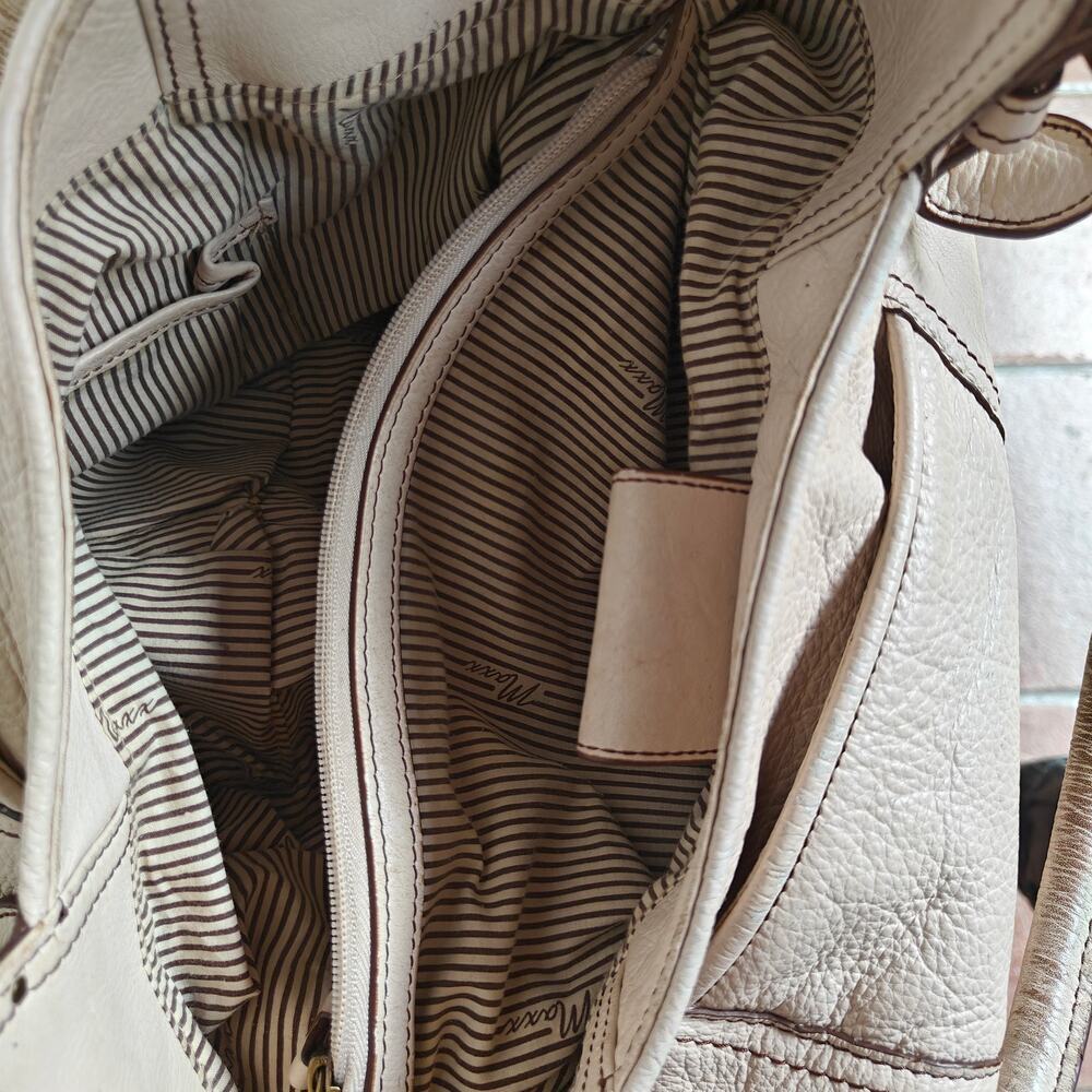 Maxx New York Leather Tote Bag Beige Pebbled Shoulder Satchel Brass Hardware - Picture 4 of 10
